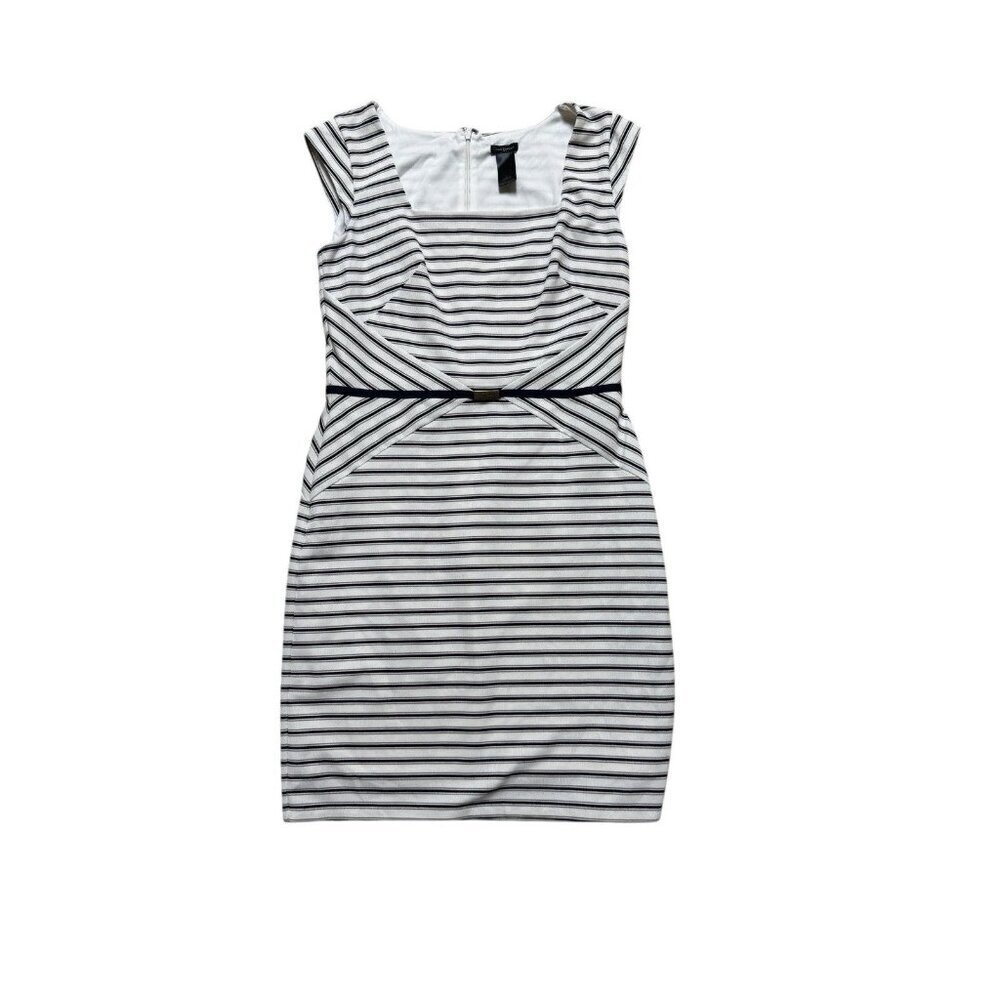 Ann Taylor Navy Blue Stripe Sheath Dress Size 6 Belted Stretch Lined